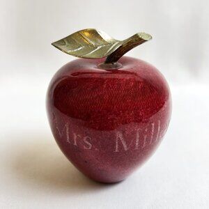 Red Marble Apple Paperweight Brass Stem & Leaf Vintage Stone Fruit Desk Décor